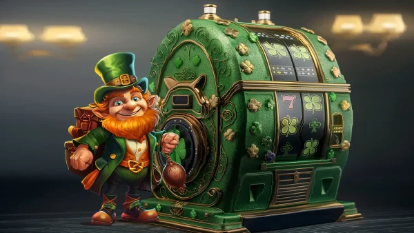 A short leprechaun with a gold sack standing beside a vintage green slot machine adorned with clovers and Irish motifs.