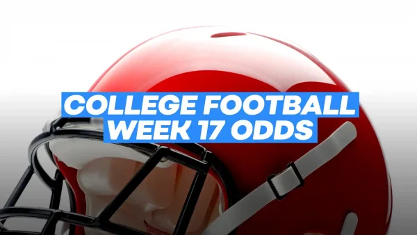 Text 'COLLEGE FOOTBALL ODDS WEEK 17' against the background of a red football helmet.